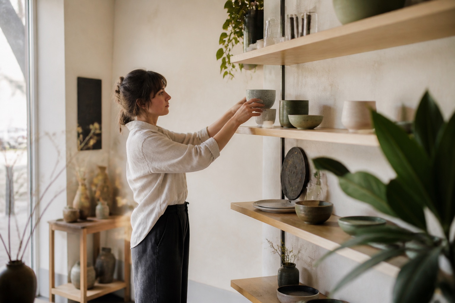 Inhaberin eines kleinen Ateliers richtet ihr Geschäft ein