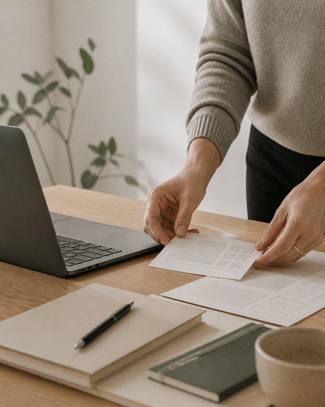 Eine Website wird mit Papierentwürfen an einem hellen Arbeitsplatz geplant